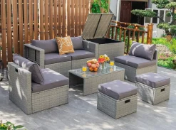 8-Piece Patio Wicker Furniture Set, Coffee Table, 2 Ottomans, 2 Armless Sofas & 2 Corner Sofas