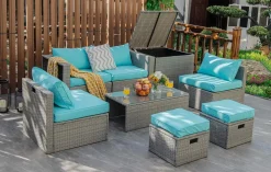 8-Piece Patio Wicker Furniture Set, Coffee Table, 2 Ottomans, 2 Armless Sofas & 2 Corner Sofas