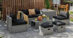 8-Piece Patio Wicker Furniture Set, Coffee Table, 2 Ottomans, 2 Armless Sofas & 2 Corner Sofas