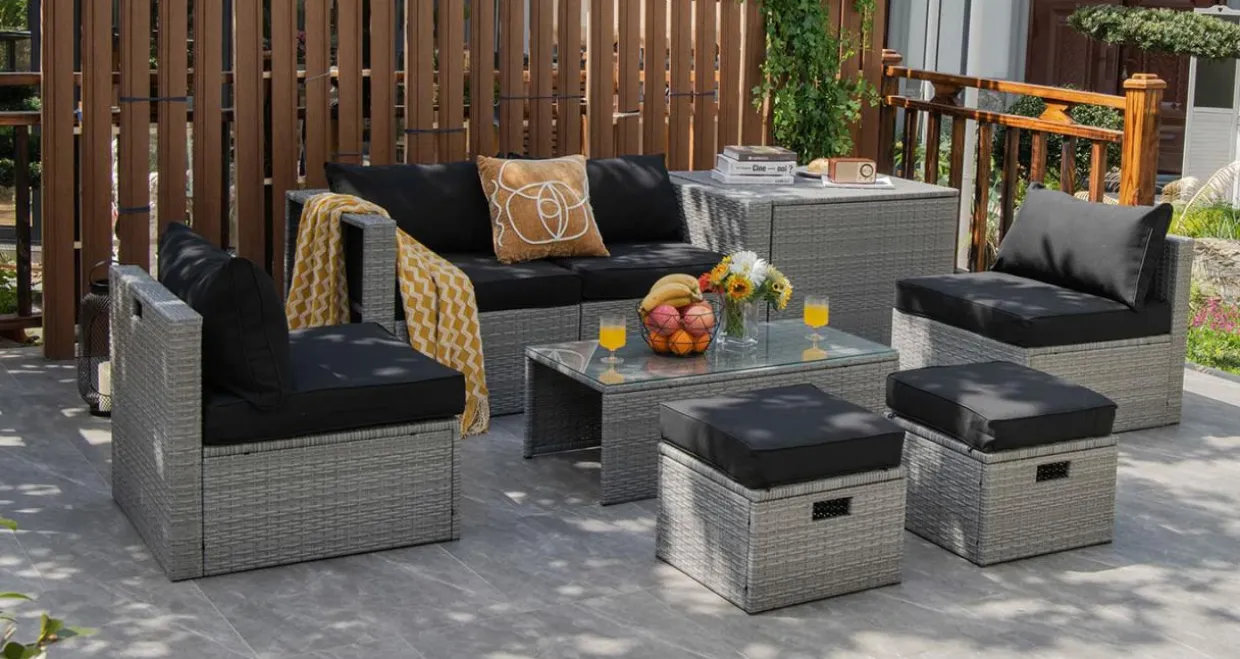 8-Piece Patio Wicker Furniture Set, Coffee Table, 2 Ottomans, 2 Armless Sofas & 2 Corner Sofas