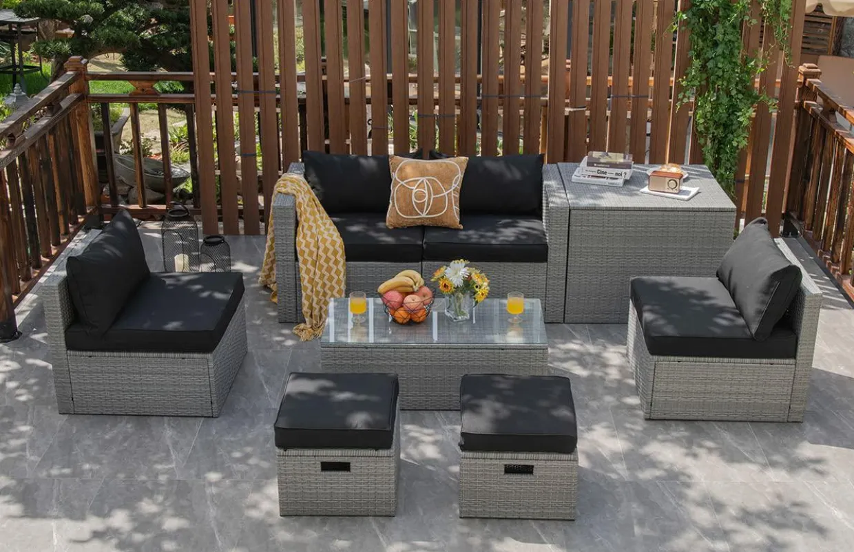 8-Piece Patio Wicker Furniture Set, Coffee Table, 2 Ottomans, 2 Armless Sofas & 2 Corner Sofas