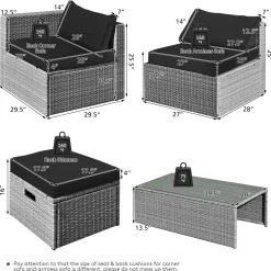8-Piece Patio Wicker Furniture Set, Coffee Table, 2 Ottomans, 2 Armless Sofas & 2 Corner Sofas
