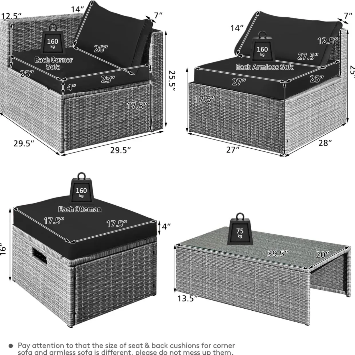 8-Piece Patio Wicker Furniture Set, Coffee Table, 2 Ottomans, 2 Armless Sofas & 2 Corner Sofas