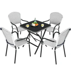 5-Piece Rattan Patio Dining Set, No Assembly Needs, Square Folding Table & 4 Stackable Chairs Set
