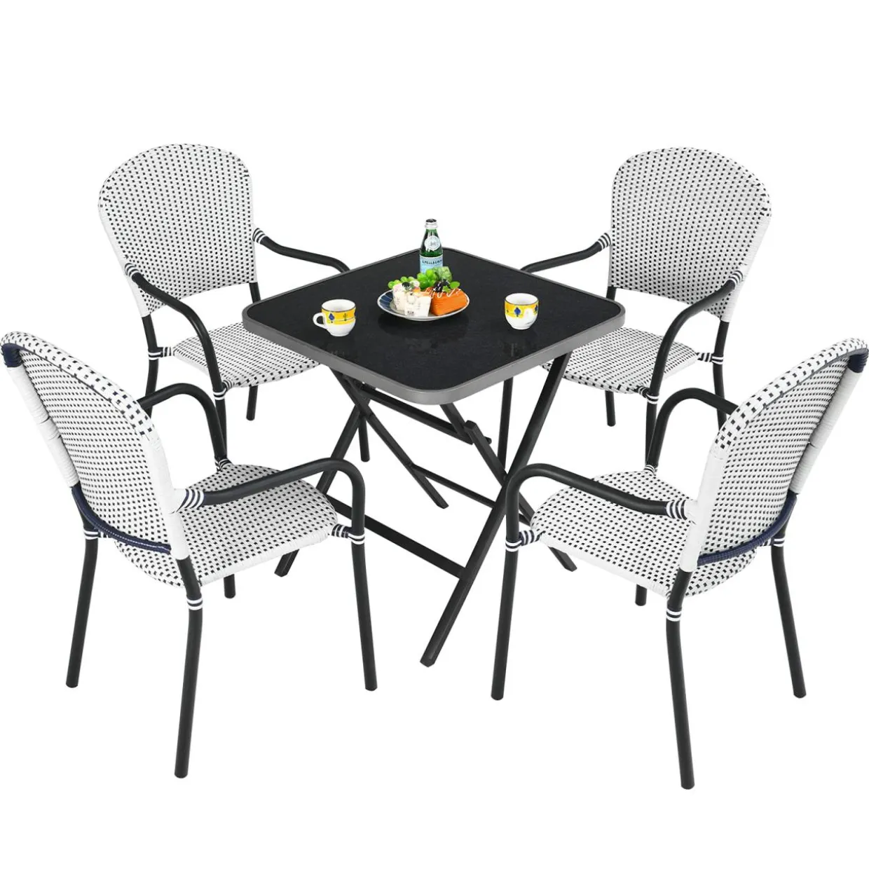 5-Piece Rattan Patio Dining Set, No Assembly Needs, Square Folding Table & 4 Stackable Chairs Set