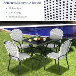 5-Piece Rattan Patio Dining Set, No Assembly Needs, Square Folding Table & 4 Stackable Chairs Set