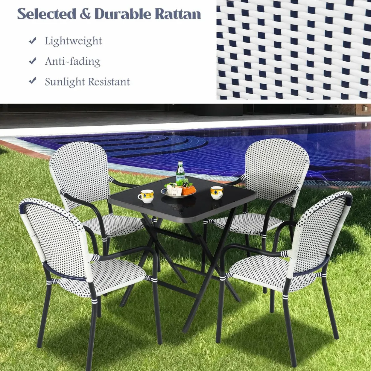 5-Piece Rattan Patio Dining Set, No Assembly Needs, Square Folding Table & 4 Stackable Chairs Set