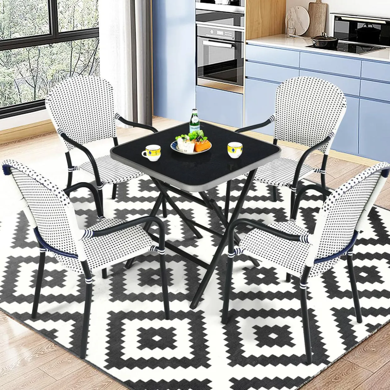 5-Piece Rattan Patio Dining Set, No Assembly Needs, Square Folding Table & 4 Stackable Chairs Set