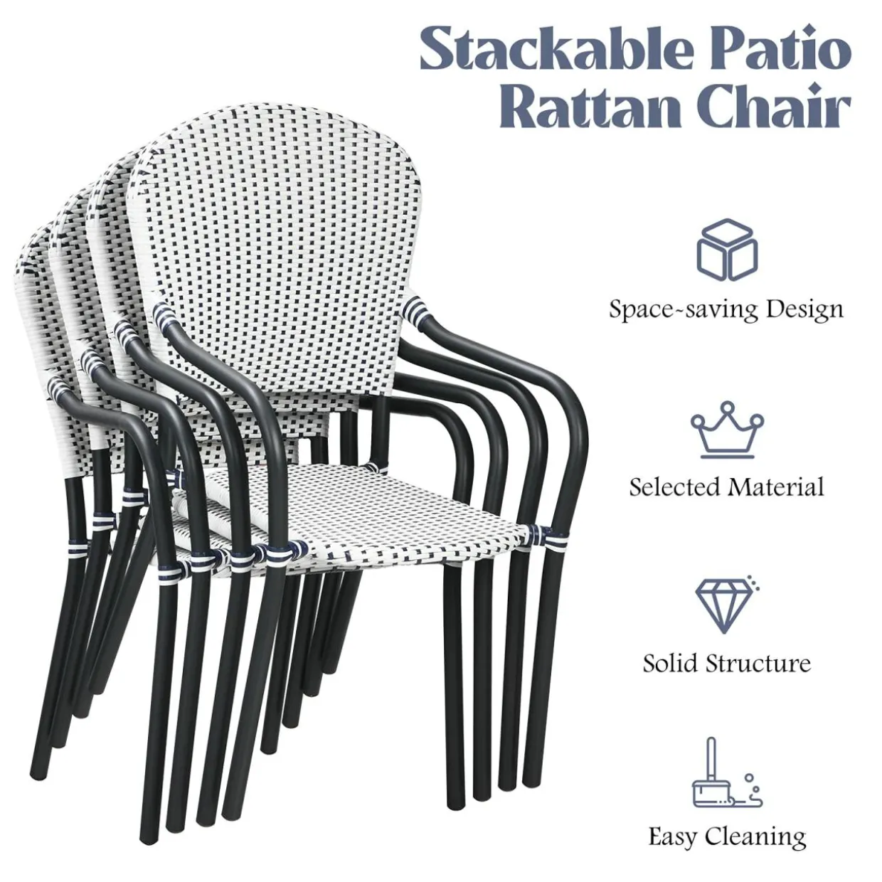 5-Piece Rattan Patio Dining Set, No Assembly Needs, Square Folding Table & 4 Stackable Chairs Set