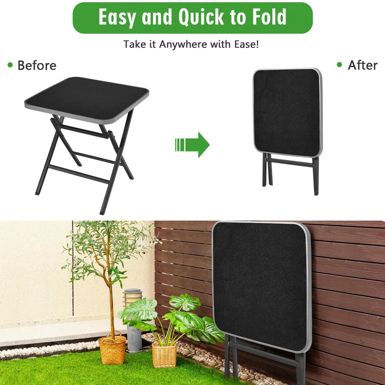 5-Piece Rattan Patio Dining Set, No Assembly Needs, Square Folding Table & 4 Stackable Chairs Set