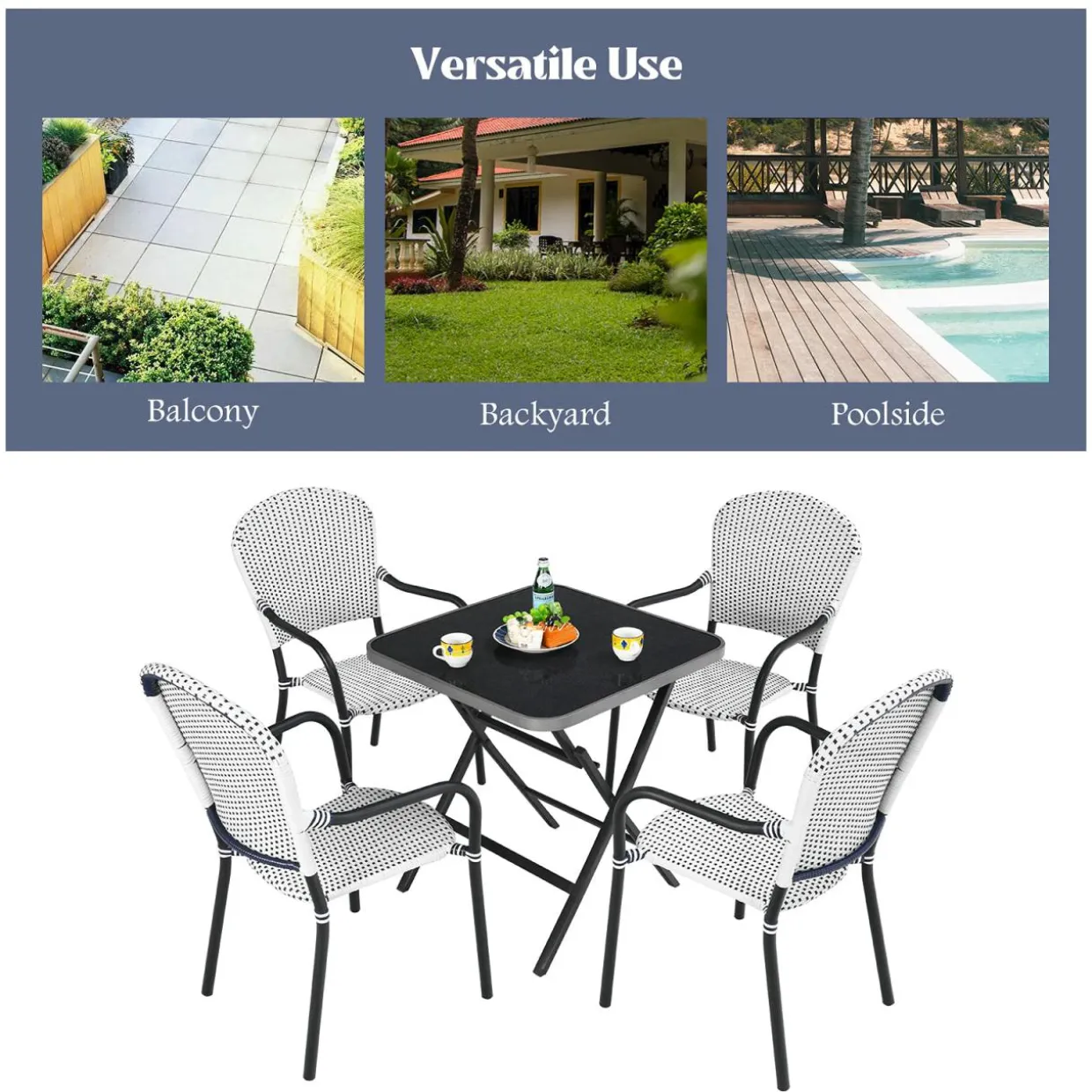 5-Piece Rattan Patio Dining Set, No Assembly Needs, Square Folding Table & 4 Stackable Chairs Set