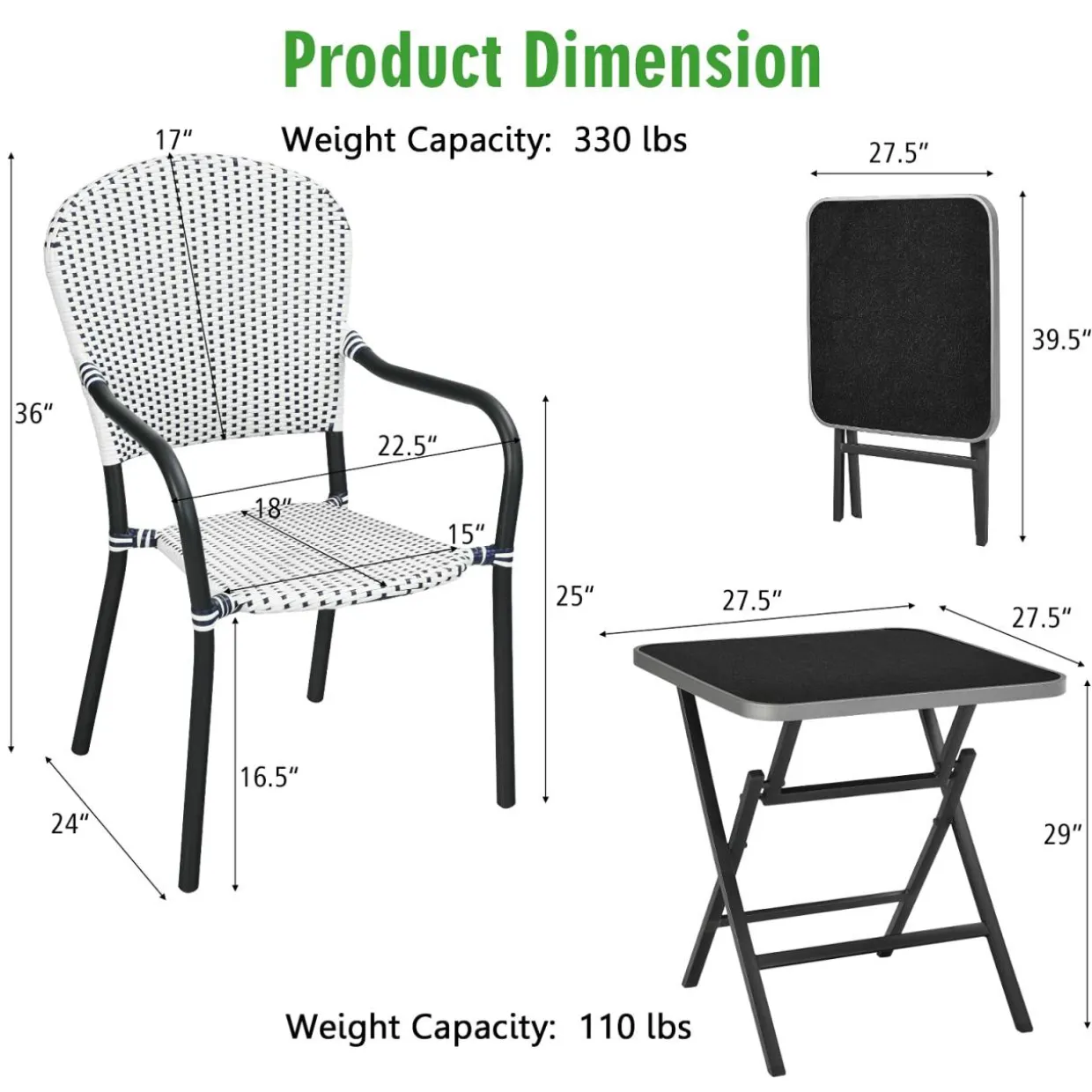 5-Piece Rattan Patio Dining Set, No Assembly Needs, Square Folding Table & 4 Stackable Chairs Set