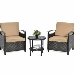 3 Piece Rattan Sofa Set, Patio Conversation Bistro Set w/Coffee Table