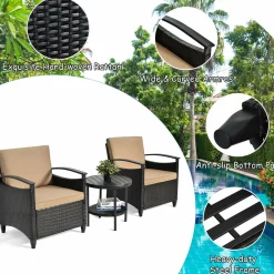 3 Piece Rattan Sofa Set, Patio Conversation Bistro Set w/Coffee Table