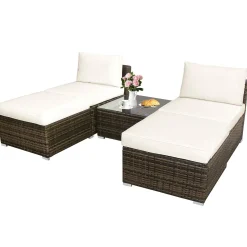 5 Piece Wicker Lounge Chair Set, with Tempered Glass Coffee Table