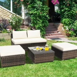 5 Piece Wicker Lounge Chair Set, with Tempered Glass Coffee Table