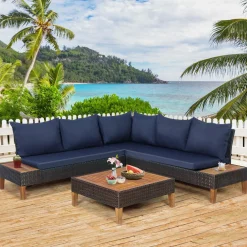 4 Pieces Acacia Wood Patio Conversation Set, Sofa Set with Coffee Table, Corner Sofa & 2 Loveseats