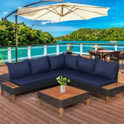 4 Pieces Acacia Wood Patio Conversation Set, Sofa Set with Coffee Table, Corner Sofa & 2 Loveseats