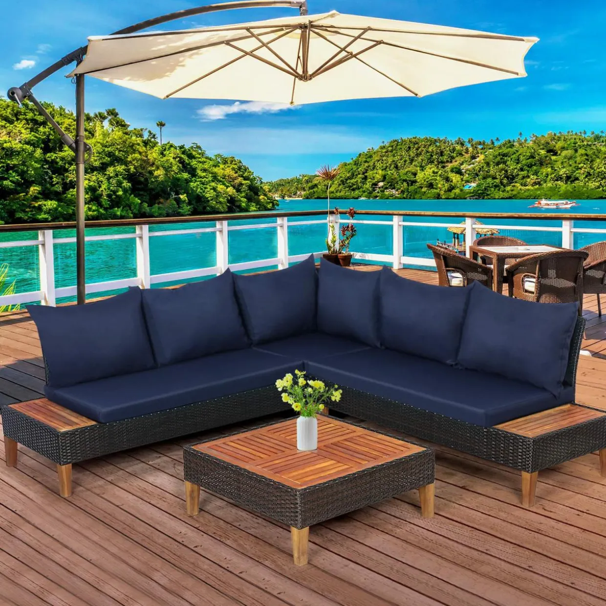 4 Pieces Acacia Wood Patio Conversation Set, Sofa Set with Coffee Table, Corner Sofa & 2 Loveseats