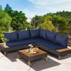 4 Pieces Acacia Wood Patio Conversation Set, Sofa Set with Coffee Table, Corner Sofa & 2 Loveseats