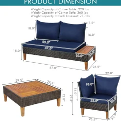 4 Pieces Acacia Wood Patio Conversation Set, Sofa Set with Coffee Table, Corner Sofa & 2 Loveseats