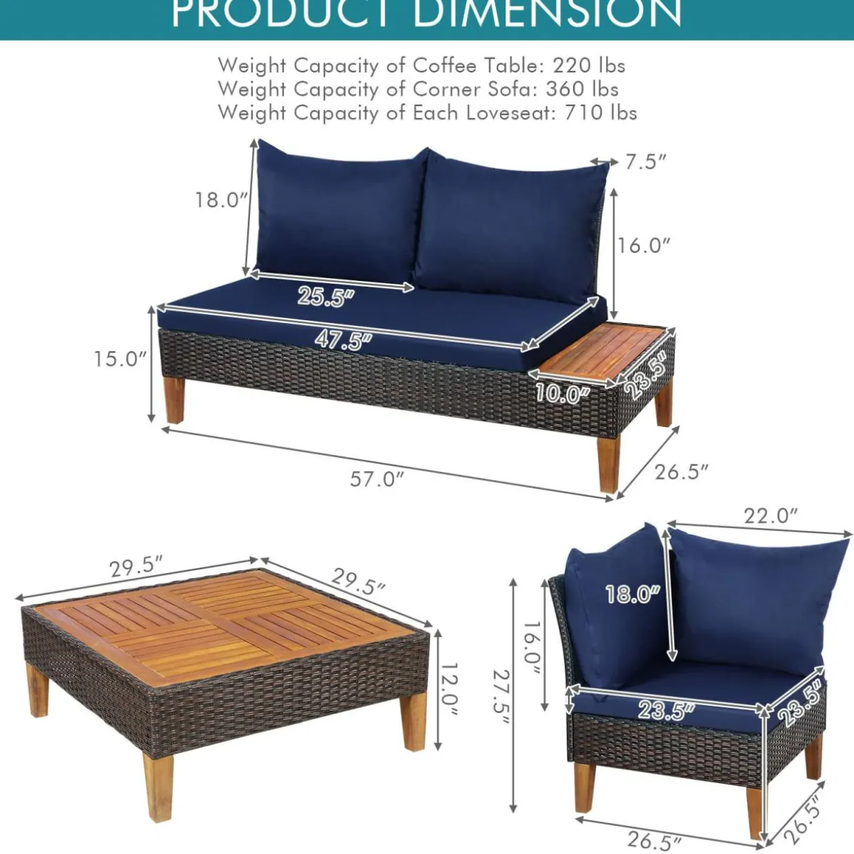 4 Pieces Acacia Wood Patio Conversation Set, Sofa Set with Coffee Table, Corner Sofa & 2 Loveseats