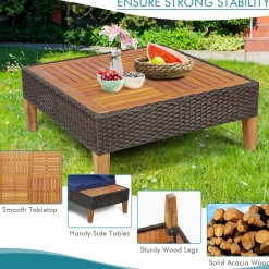 4 Pieces Acacia Wood Patio Conversation Set, Sofa Set with Coffee Table, Corner Sofa & 2 Loveseats