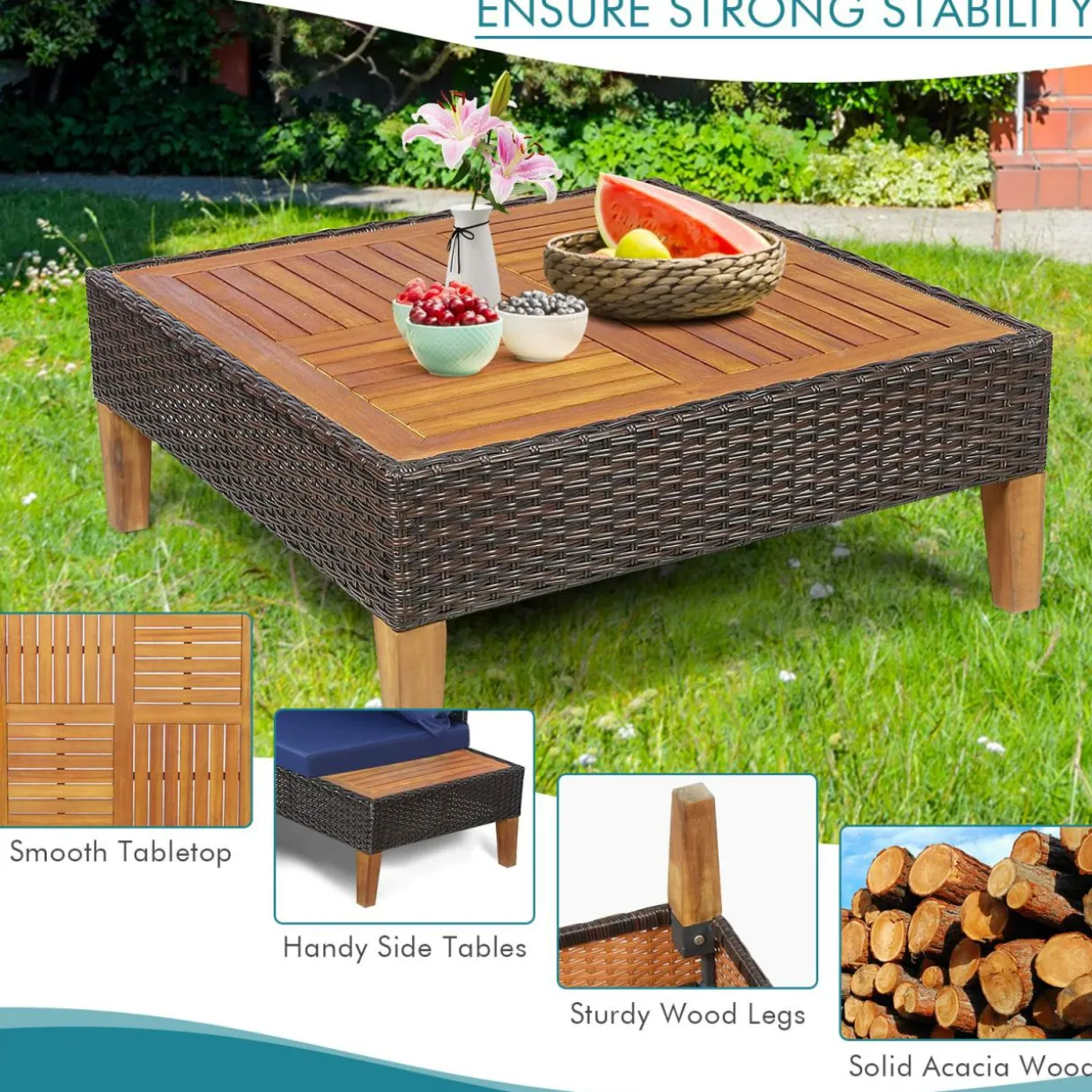 4 Pieces Acacia Wood Patio Conversation Set, Sofa Set with Coffee Table, Corner Sofa & 2 Loveseats