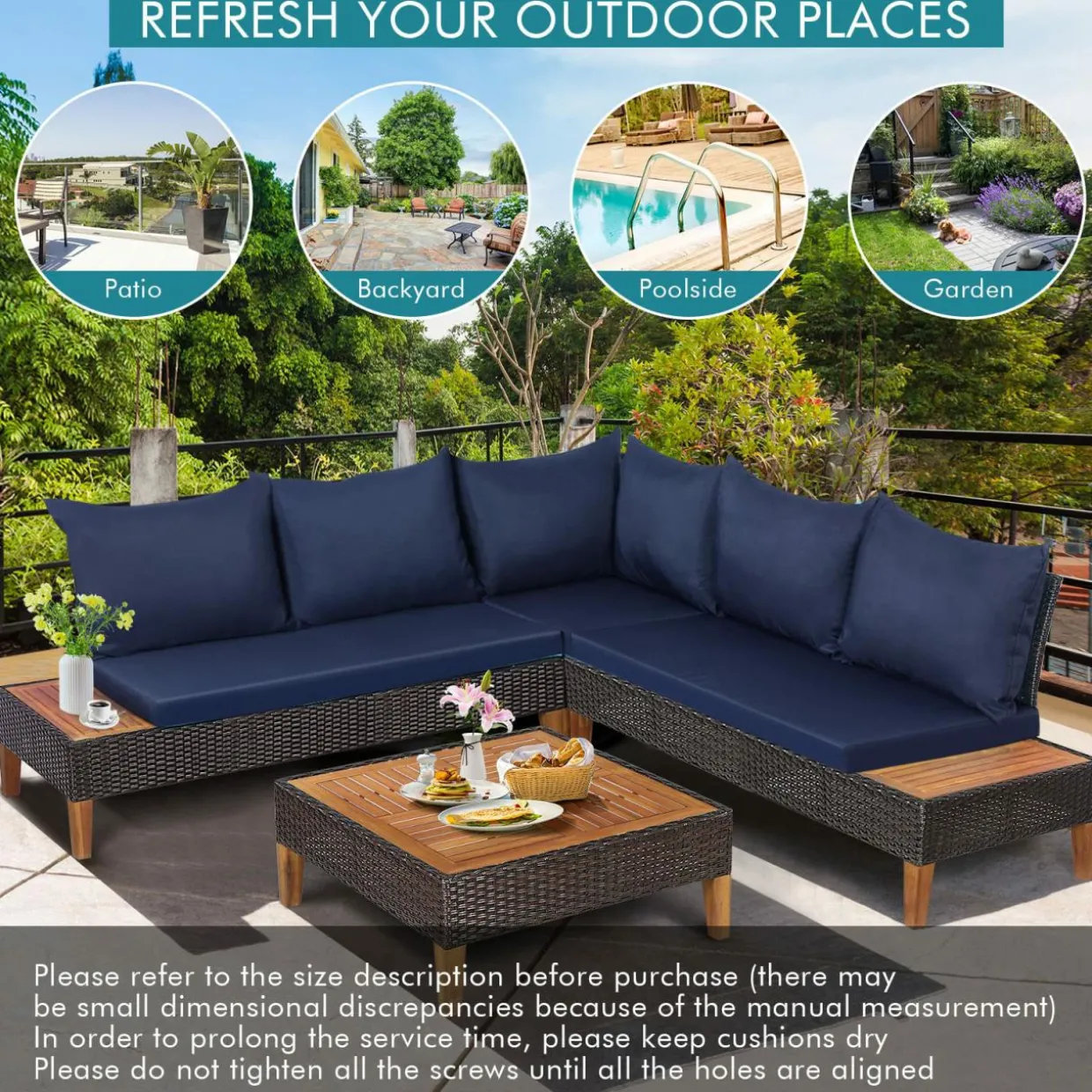 4 Pieces Acacia Wood Patio Conversation Set, Sofa Set with Coffee Table, Corner Sofa & 2 Loveseats