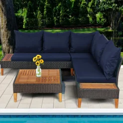 4 Pieces Acacia Wood Patio Conversation Set, Sofa Set with Coffee Table, Corner Sofa & 2 Loveseats