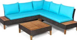 4 Pieces Acacia Wood Patio Conversation Set, Sofa Set with Coffee Table, Corner Sofa & 2 Loveseats