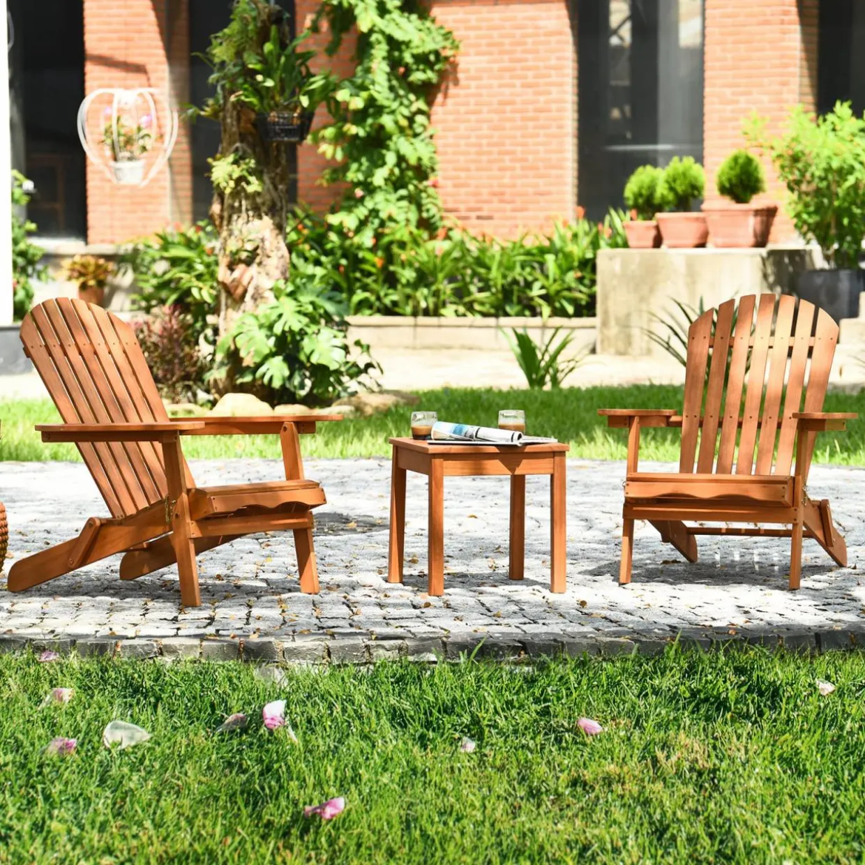 3 Pieces Adirondack Chair Set, Outdoor Wood Furniture Set with 2 Folding Lounge Chairs & Side Table