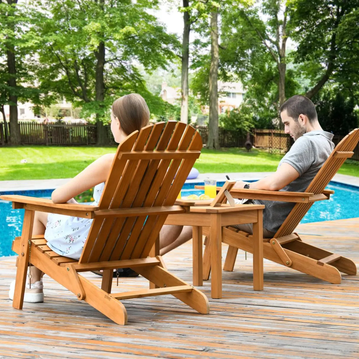 3 Pieces Adirondack Chair Set, Outdoor Wood Furniture Set with 2 Folding Lounge Chairs & Side Table