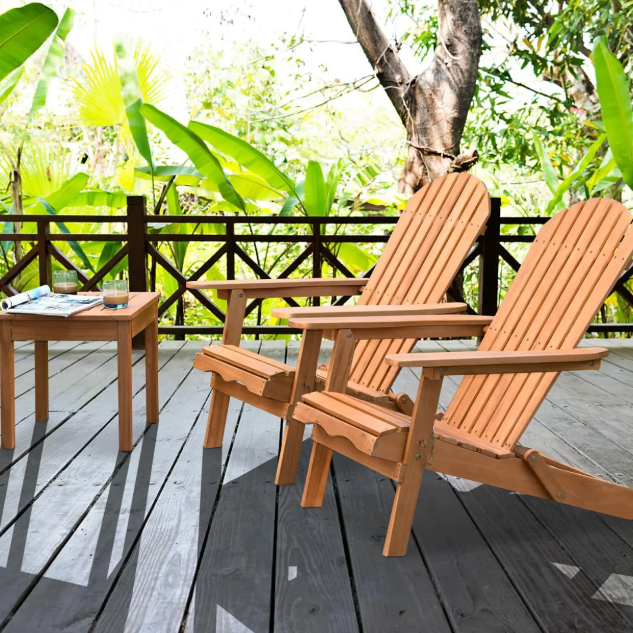 3 Pieces Adirondack Chair Set, Outdoor Wood Furniture Set with 2 Folding Lounge Chairs & Side Table