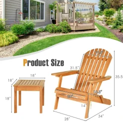 3 Pieces Adirondack Chair Set, Outdoor Wood Furniture Set with 2 Folding Lounge Chairs & Side Table