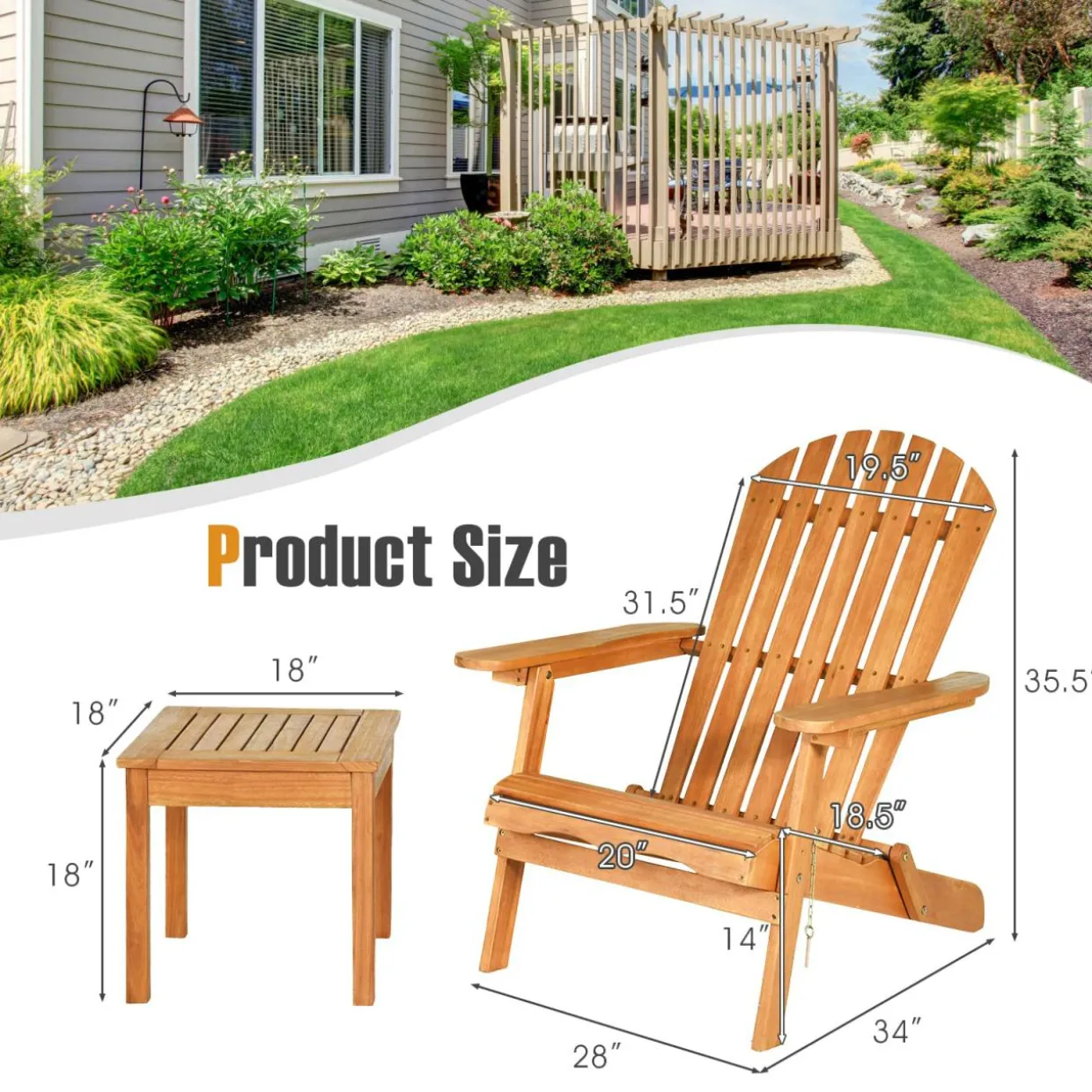 3 Pieces Adirondack Chair Set, Outdoor Wood Furniture Set with 2 Folding Lounge Chairs & Side Table