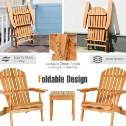 3 Pieces Adirondack Chair Set, Outdoor Wood Furniture Set with 2 Folding Lounge Chairs & Side Table