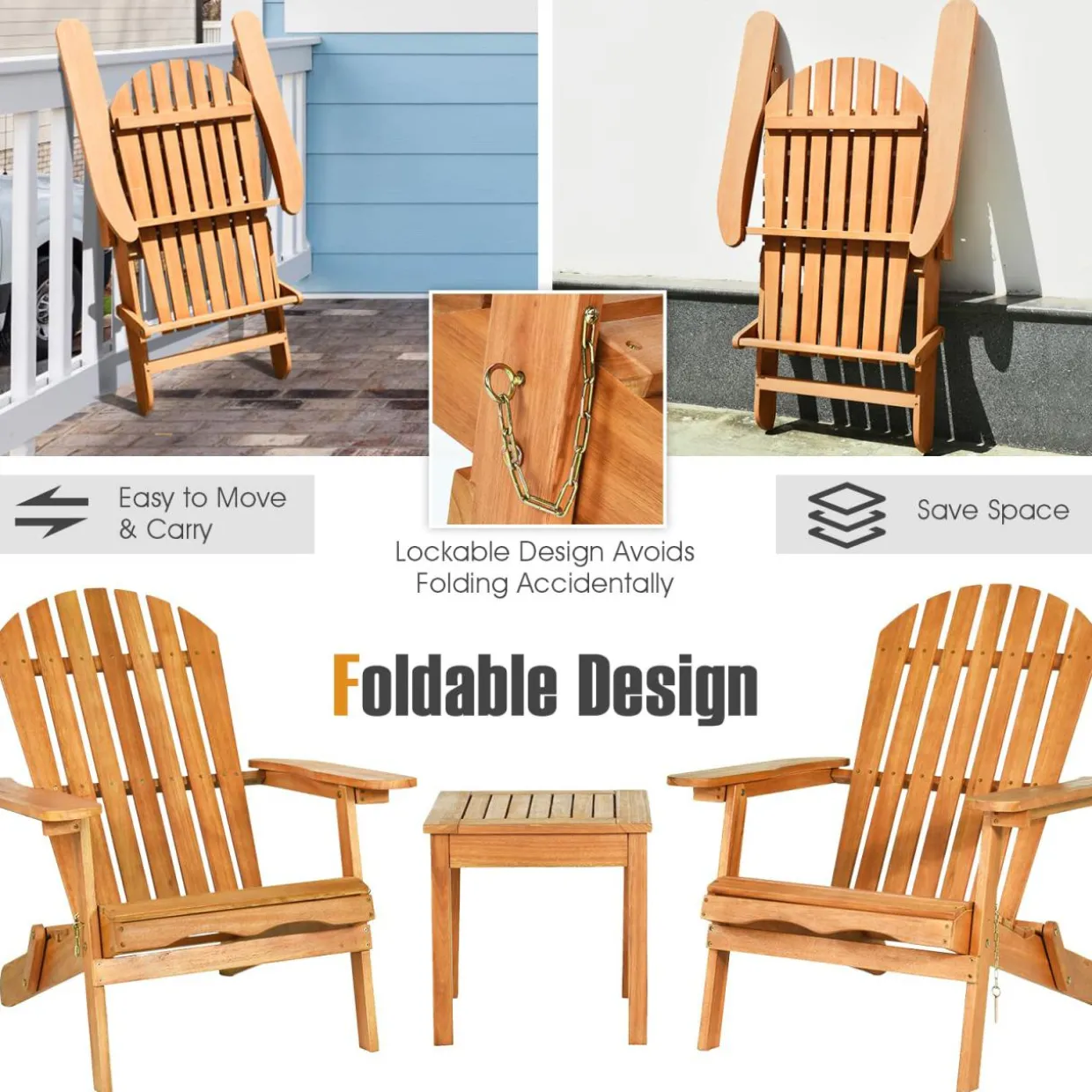 3 Pieces Adirondack Chair Set, Outdoor Wood Furniture Set with 2 Folding Lounge Chairs & Side Table