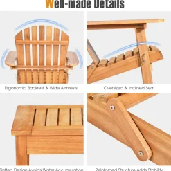 3 Pieces Adirondack Chair Set, Outdoor Wood Furniture Set with 2 Folding Lounge Chairs & Side Table