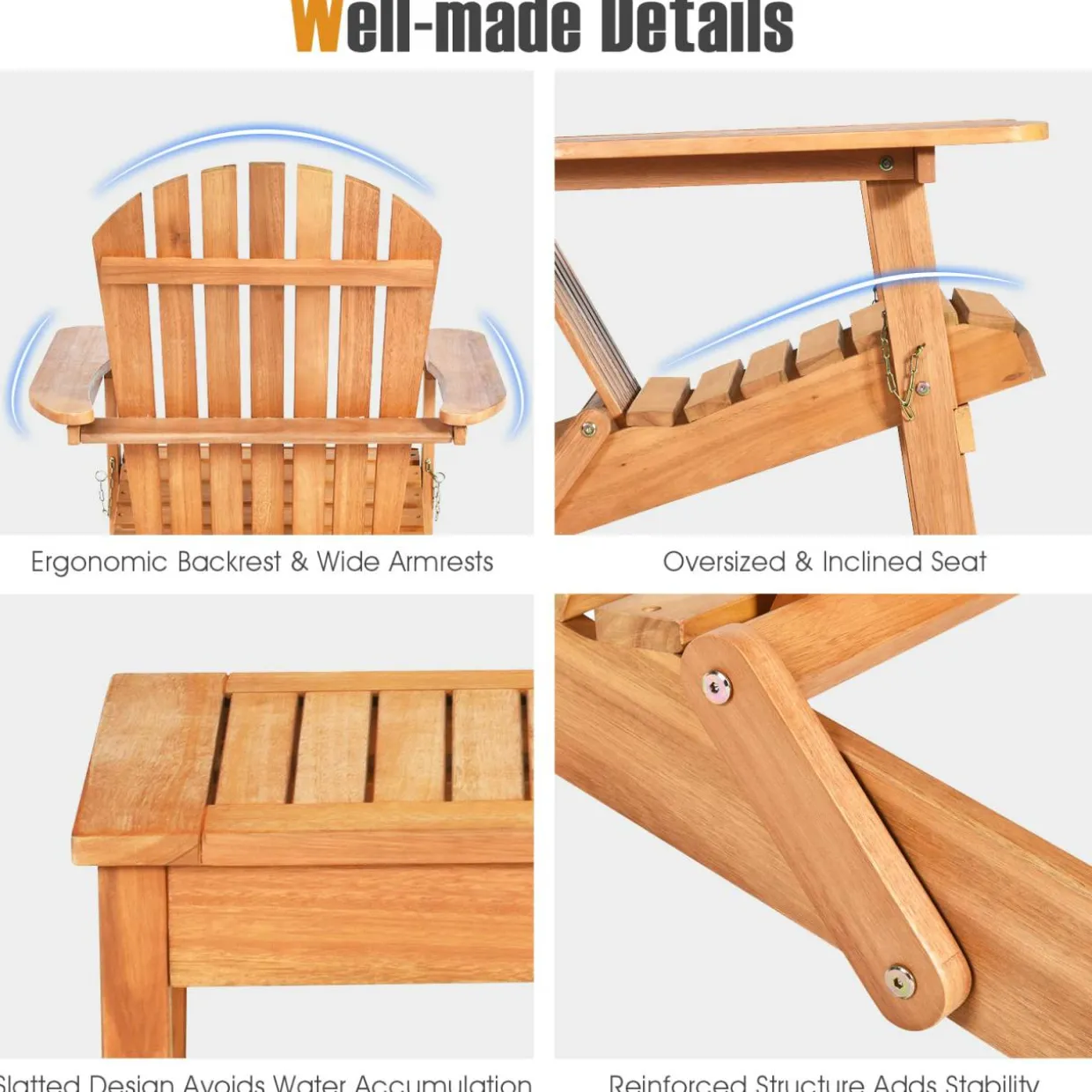 3 Pieces Adirondack Chair Set, Outdoor Wood Furniture Set with 2 Folding Lounge Chairs & Side Table