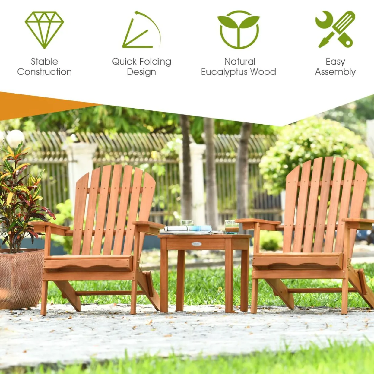 3 Pieces Adirondack Chair Set, Outdoor Wood Furniture Set with 2 Folding Lounge Chairs & Side Table