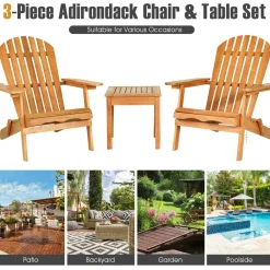 3 Pieces Adirondack Chair Set, Outdoor Wood Furniture Set with 2 Folding Lounge Chairs & Side Table