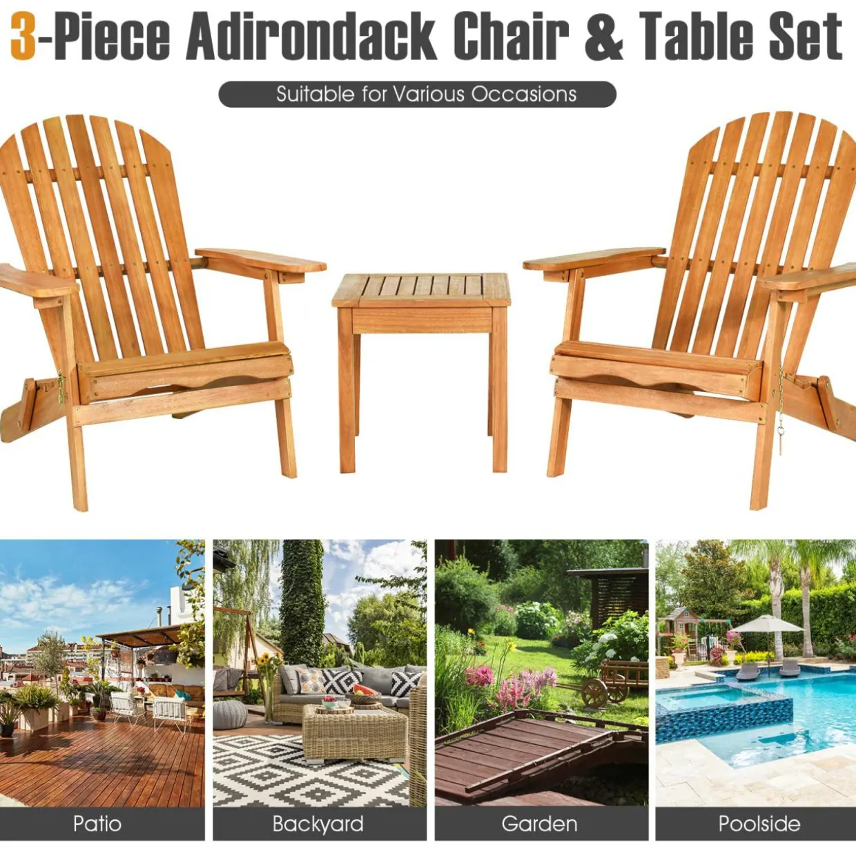 3 Pieces Adirondack Chair Set, Outdoor Wood Furniture Set with 2 Folding Lounge Chairs & Side Table