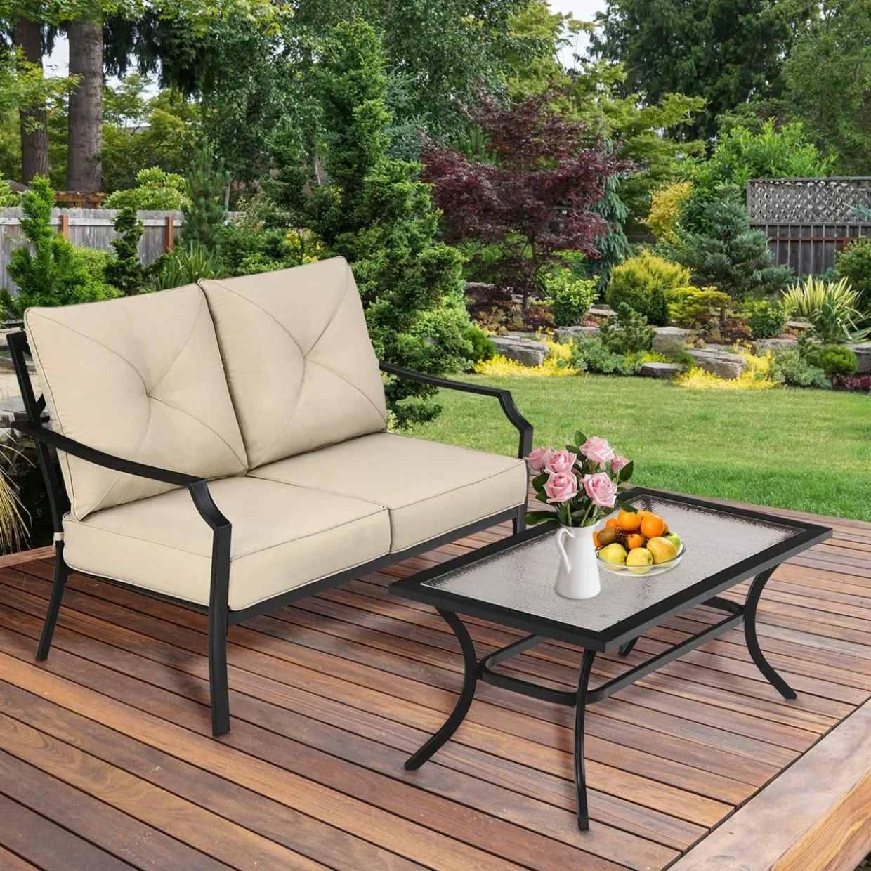 2 Pieces Extra Large Patio Loveseat with Coffee Table