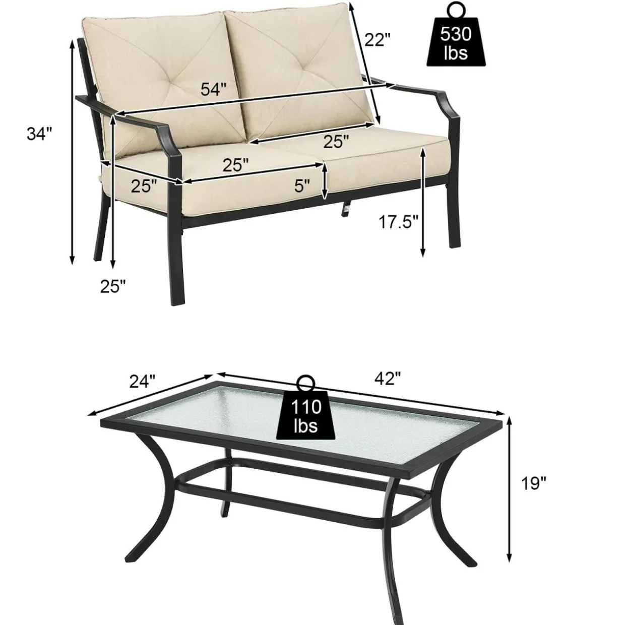 2 Pieces Extra Large Patio Loveseat with Coffee Table