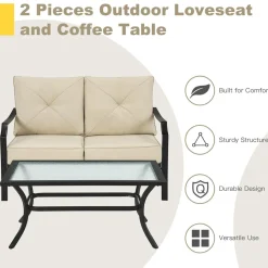 2 Pieces Extra Large Patio Loveseat with Coffee Table