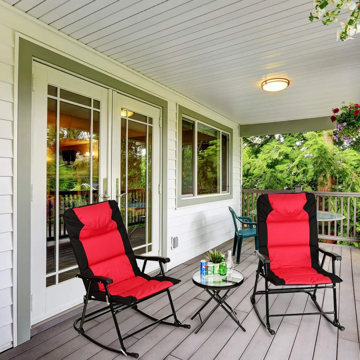 3 Pieces Folding Bistro Set, Outdoor Rocking Chairs with Round Table Set