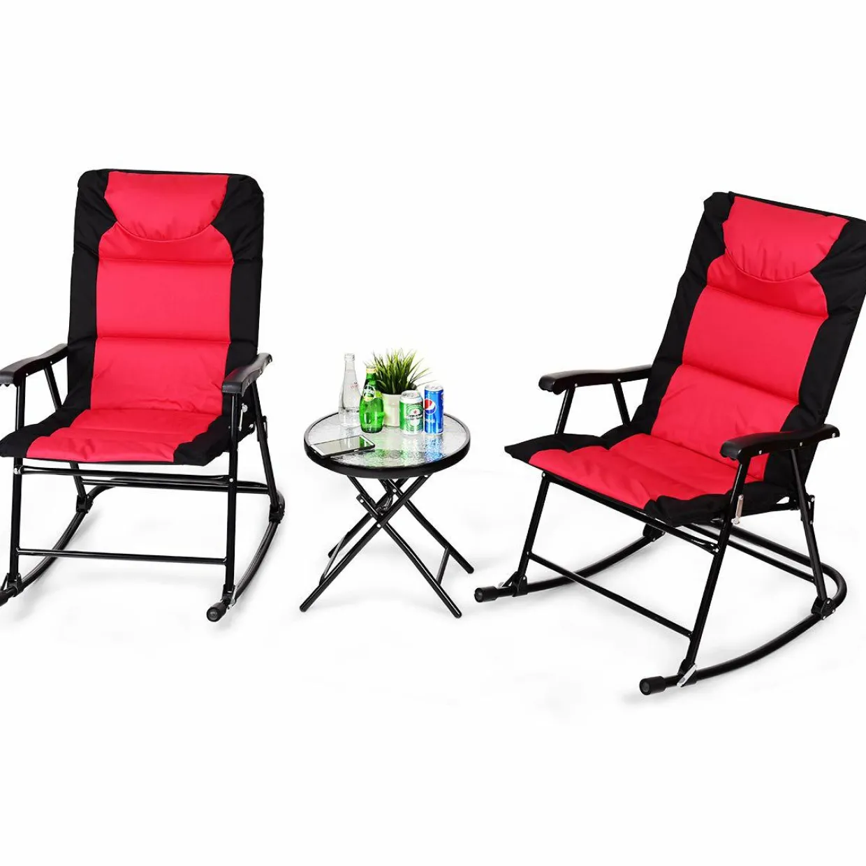 3 Pieces Folding Bistro Set, Outdoor Rocking Chairs with Round Table Set