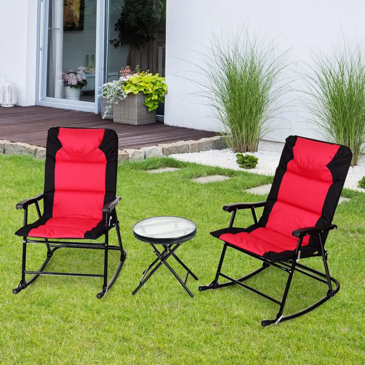 3 Pieces Folding Bistro Set, Outdoor Rocking Chairs with Round Table Set