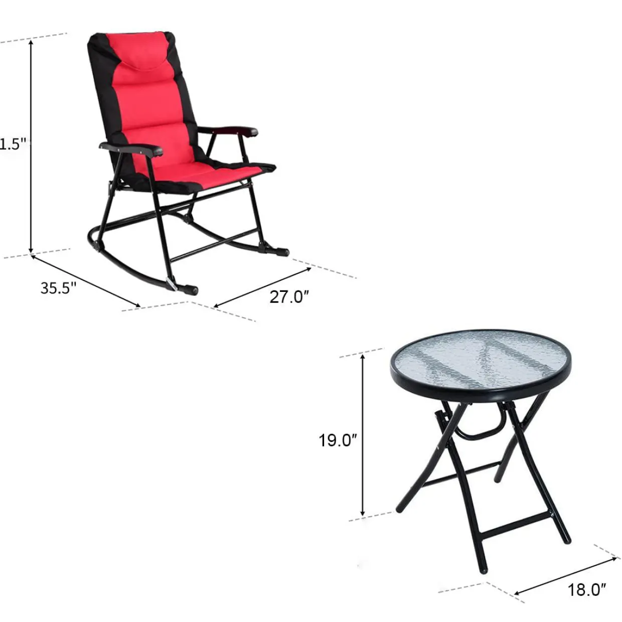 3 Pieces Folding Bistro Set, Outdoor Rocking Chairs with Round Table Set